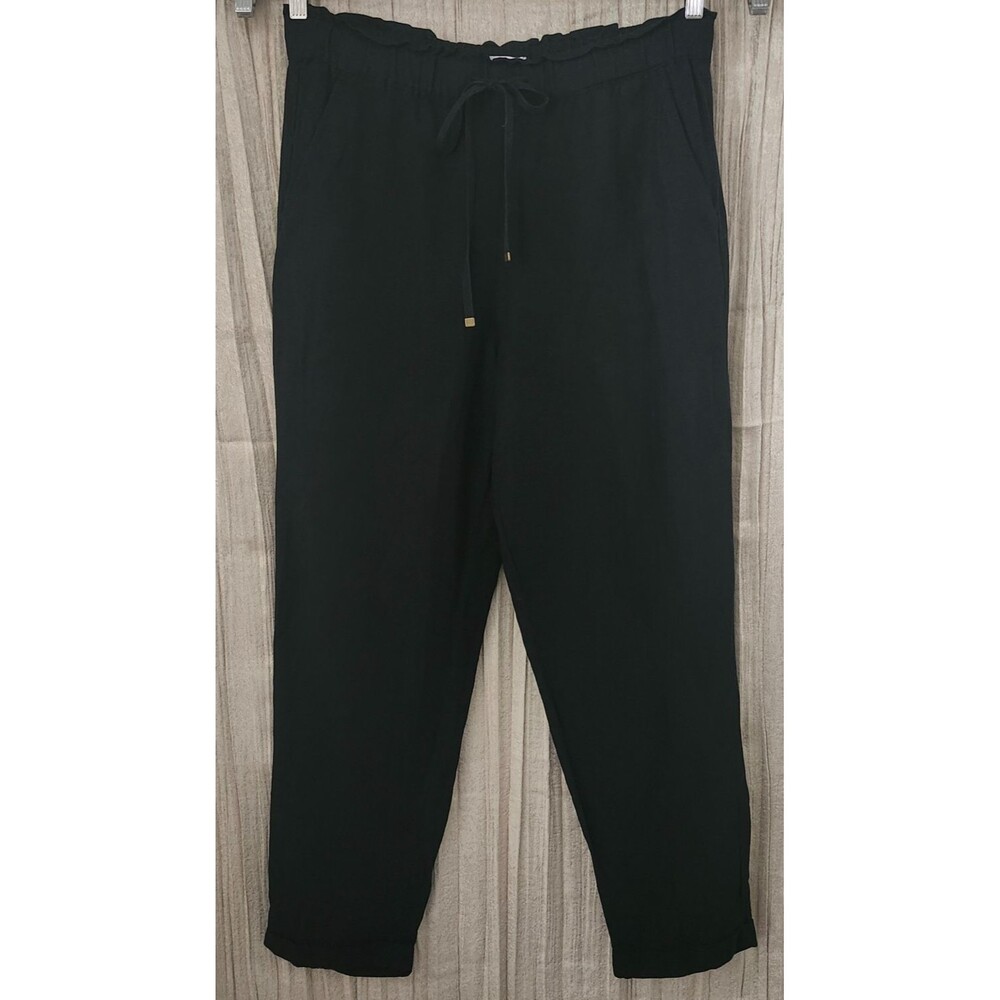 Loft Linen Pull On Pants Black Women's M Elastic Drawstring Cuffed Tapered Leg
